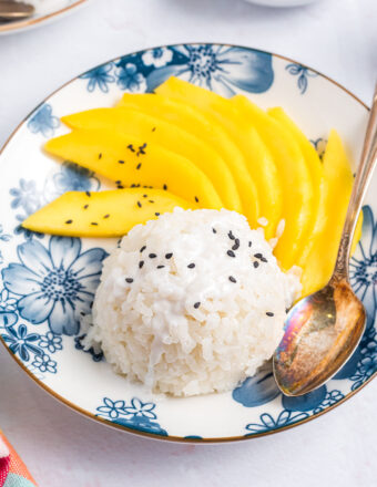 A scoop of rice is placed next to several pieces of fresh mango on a blue and white plate.