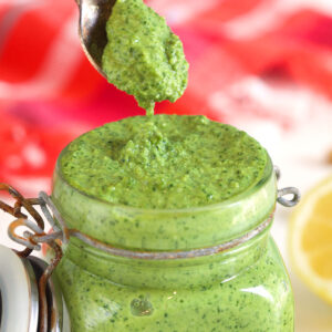 A spoon is lifting a small portion of pesto from the jar.