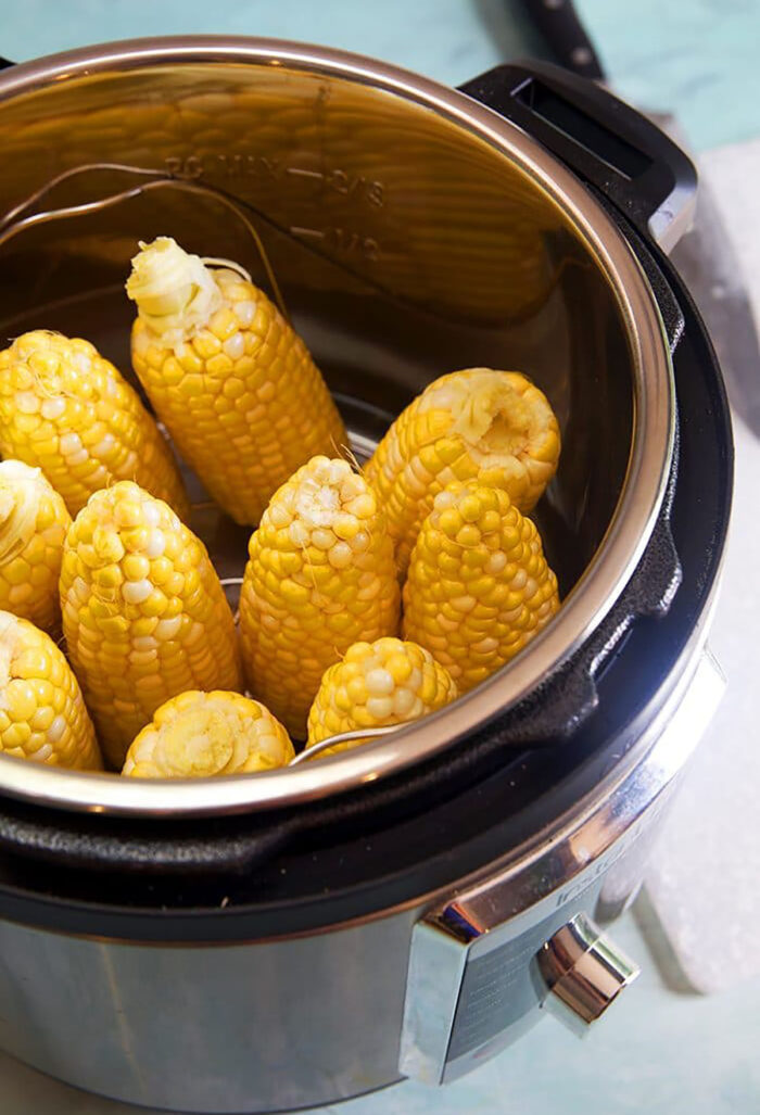 Overhead shot of corn on the cob in an Instant Pot