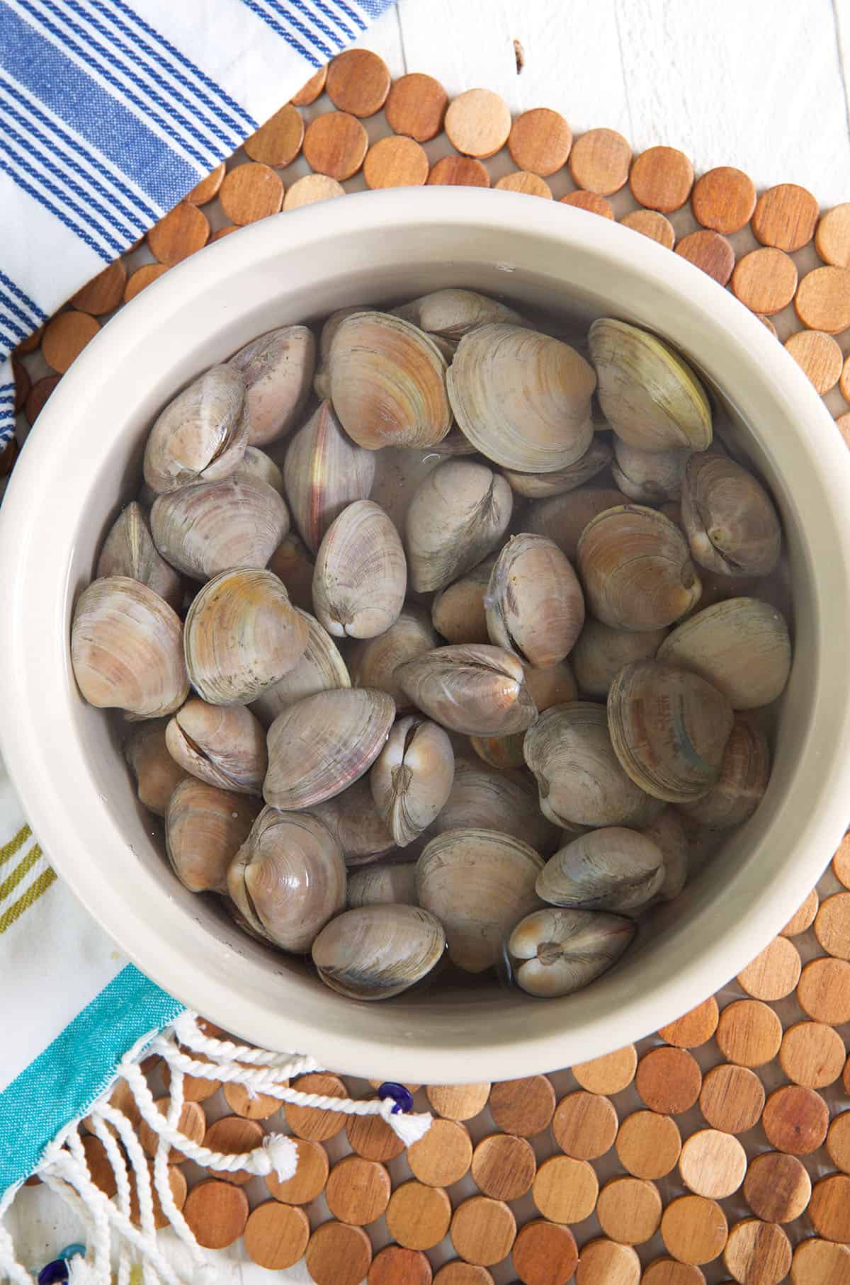 Clams are soaking in a pot filled with water.