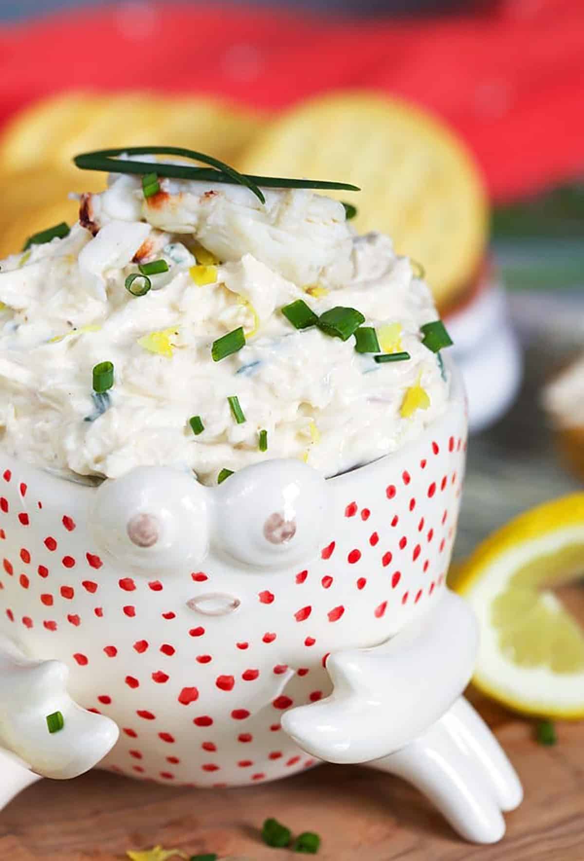 Crab dip in a bowl shaped like a white crab.