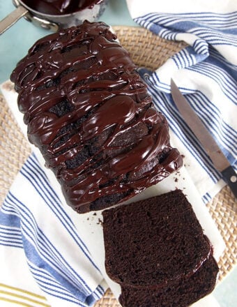 Double chocolate banana bread with a spoonful of ganache.