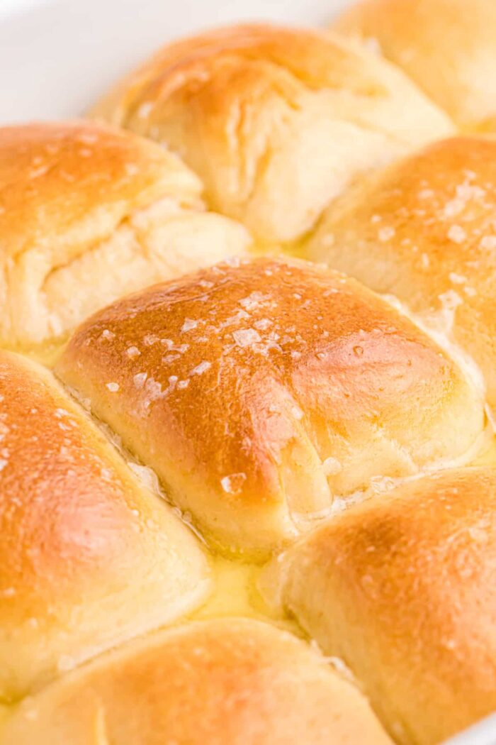 Buttered and salted rolls are baked to a golden brown color.