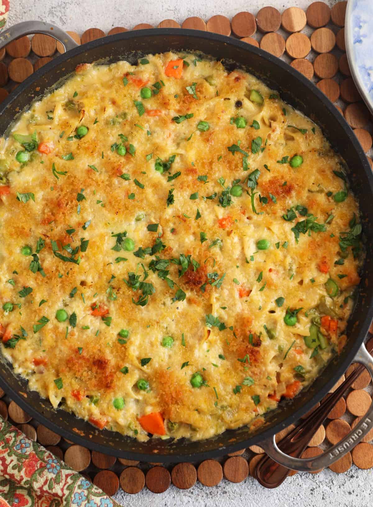 Overhead view of tuna noodle casserole in skillet