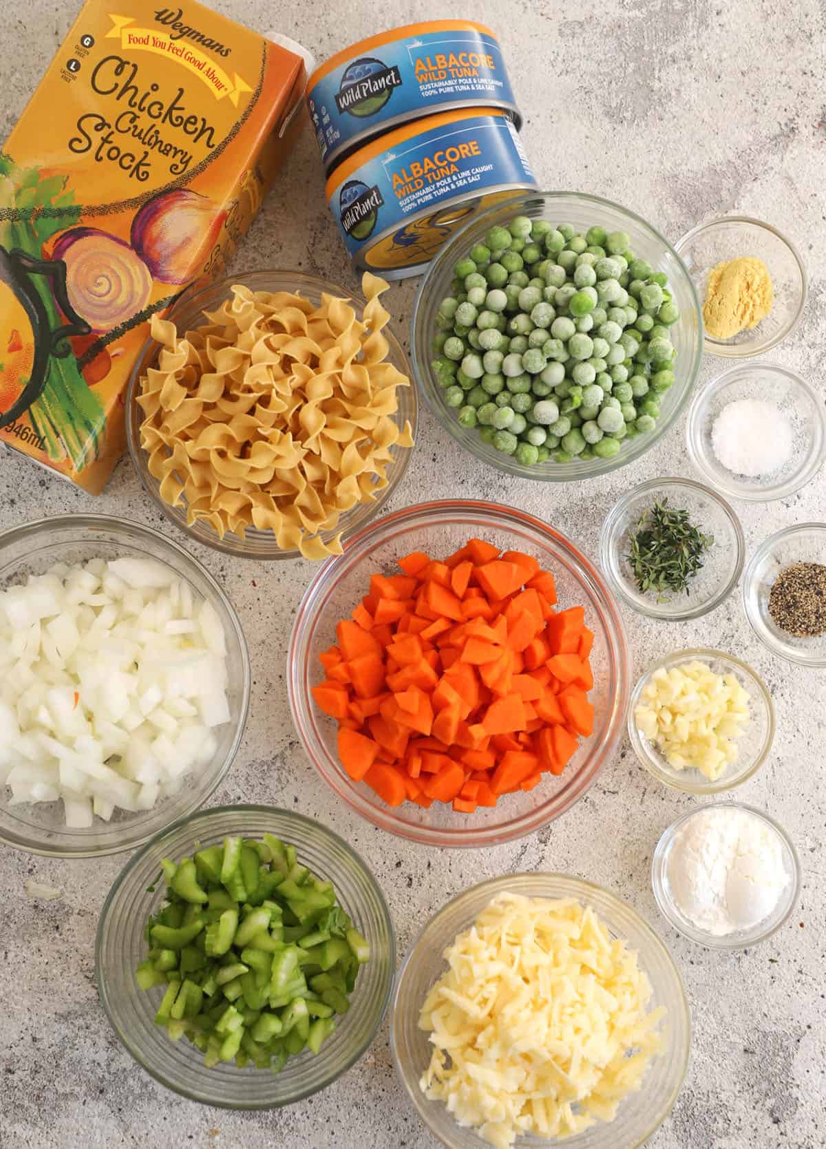 Overhead view of tuna noodle casserole ingredients