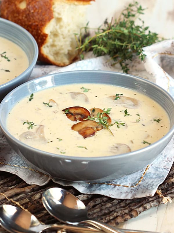 Cream of Mushroom soup in a blue bowl.