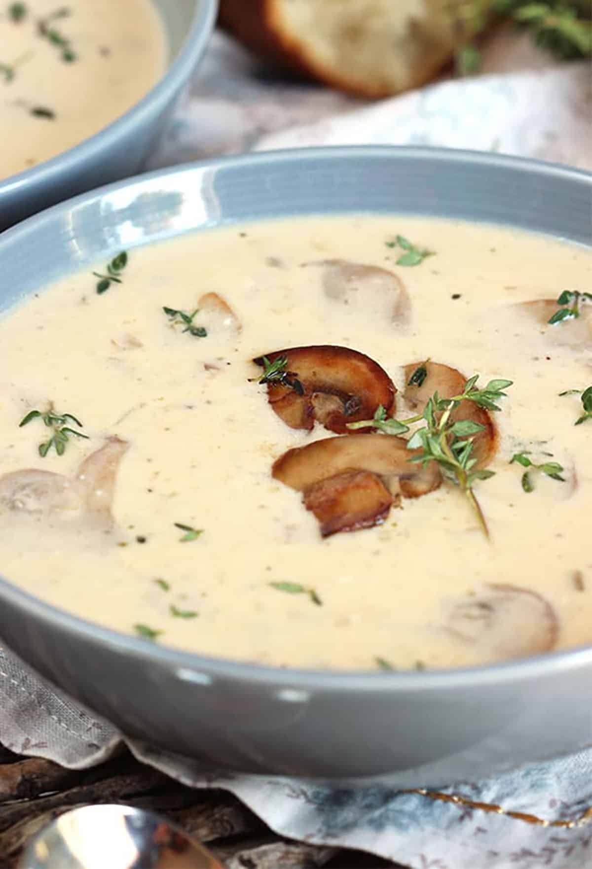 Cream of mushroom soup topped with sautéed mushrooms