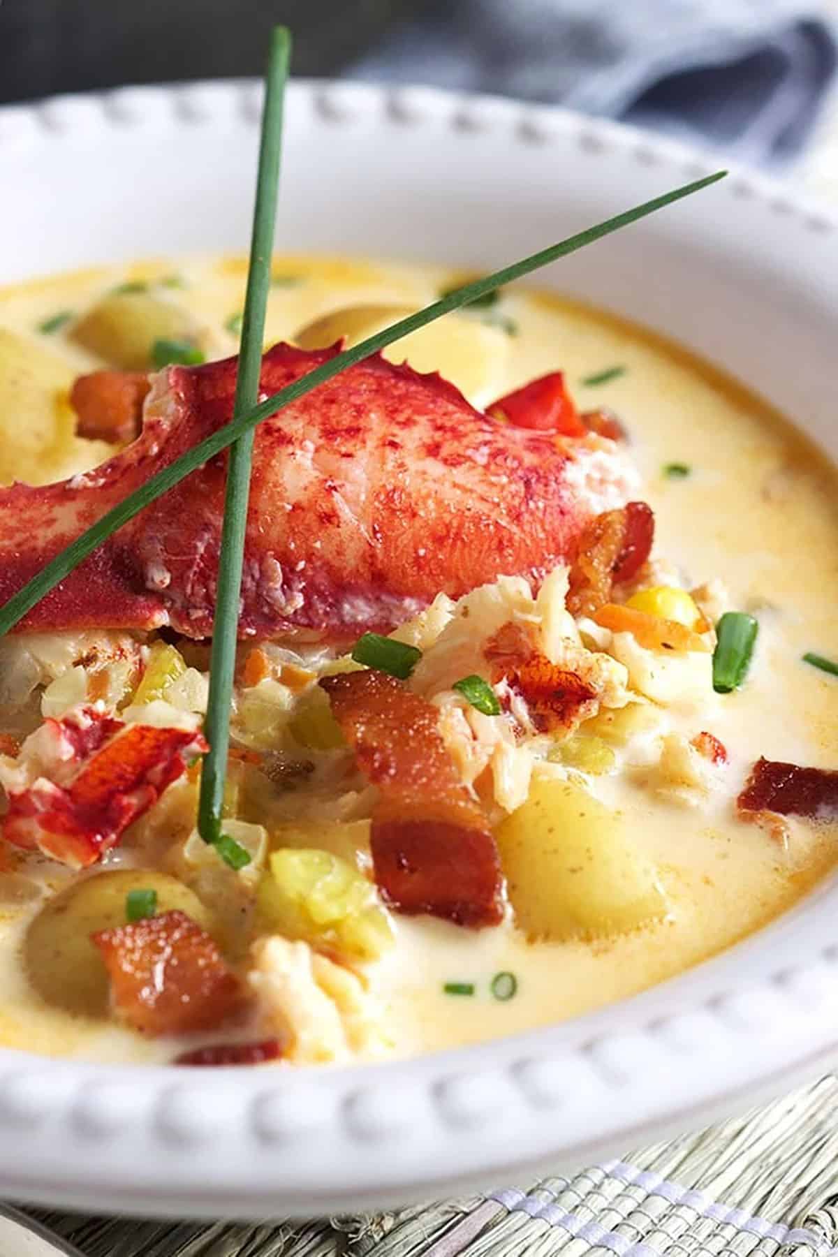 lobster corn chowder in a white bowl with chive sprigs on top