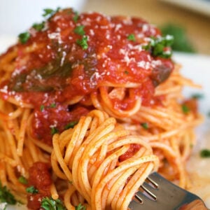 Close up of fork with spaghetti twirled around it on a white plate with spaghetti with spaghetti sauce.