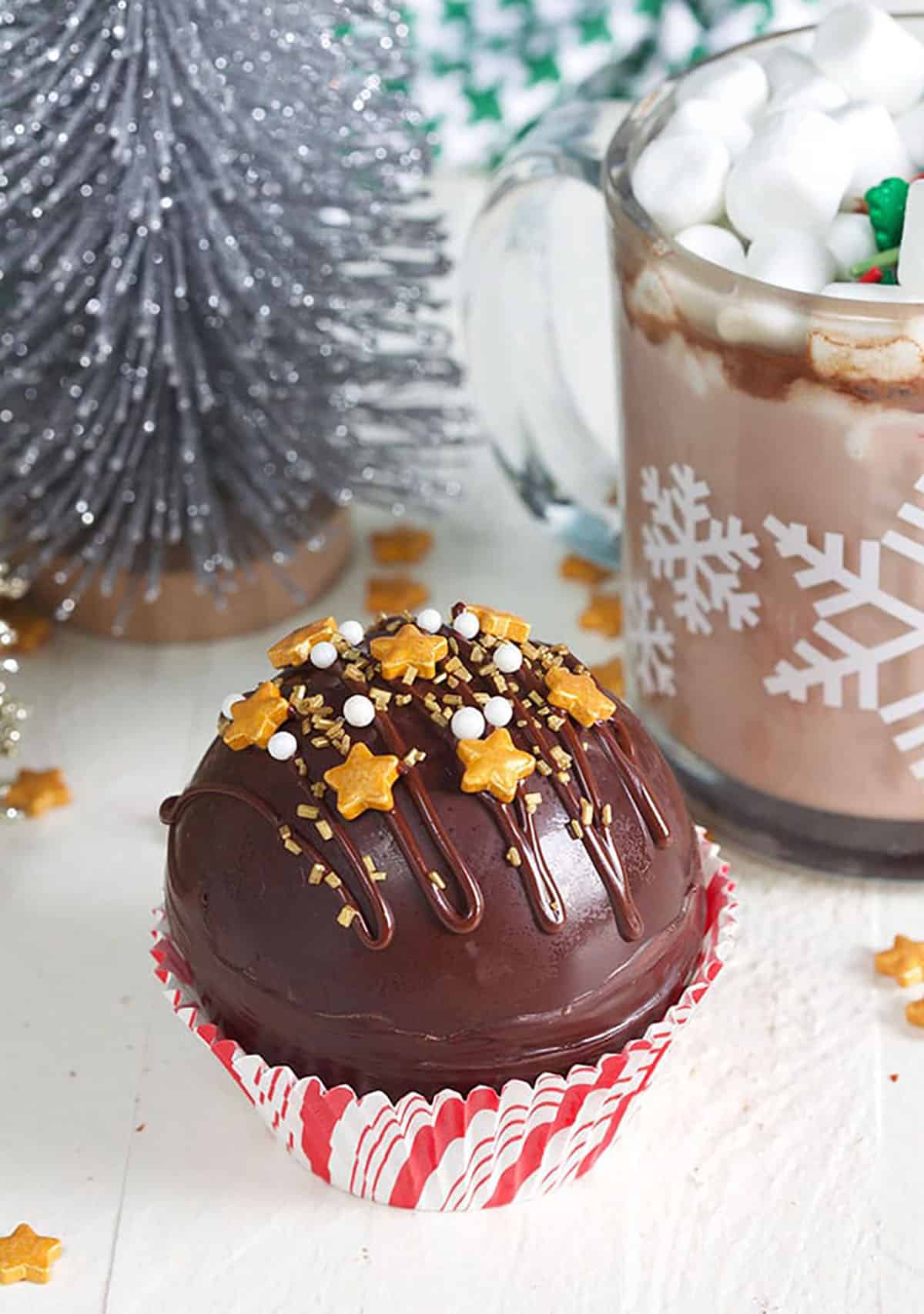 Boozy Hot chocolate bomb on a white background.
