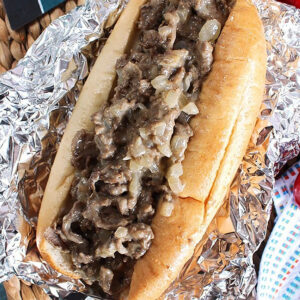 Overhead shot of authentic Philly cheesesteak in foil.