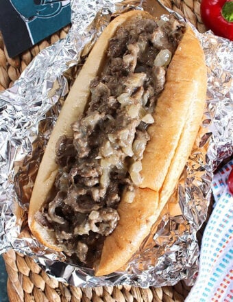 Overhead shot of authentic Philly cheesesteak in foil.