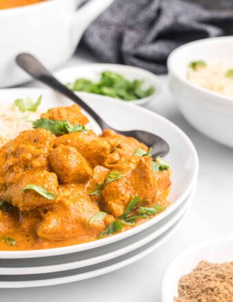 A spoon is placed on a plate with chicken tikka masala.