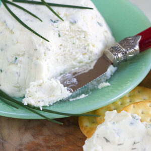 A cheese knife has cut into the white cheese and is smearing it onto a cracker.