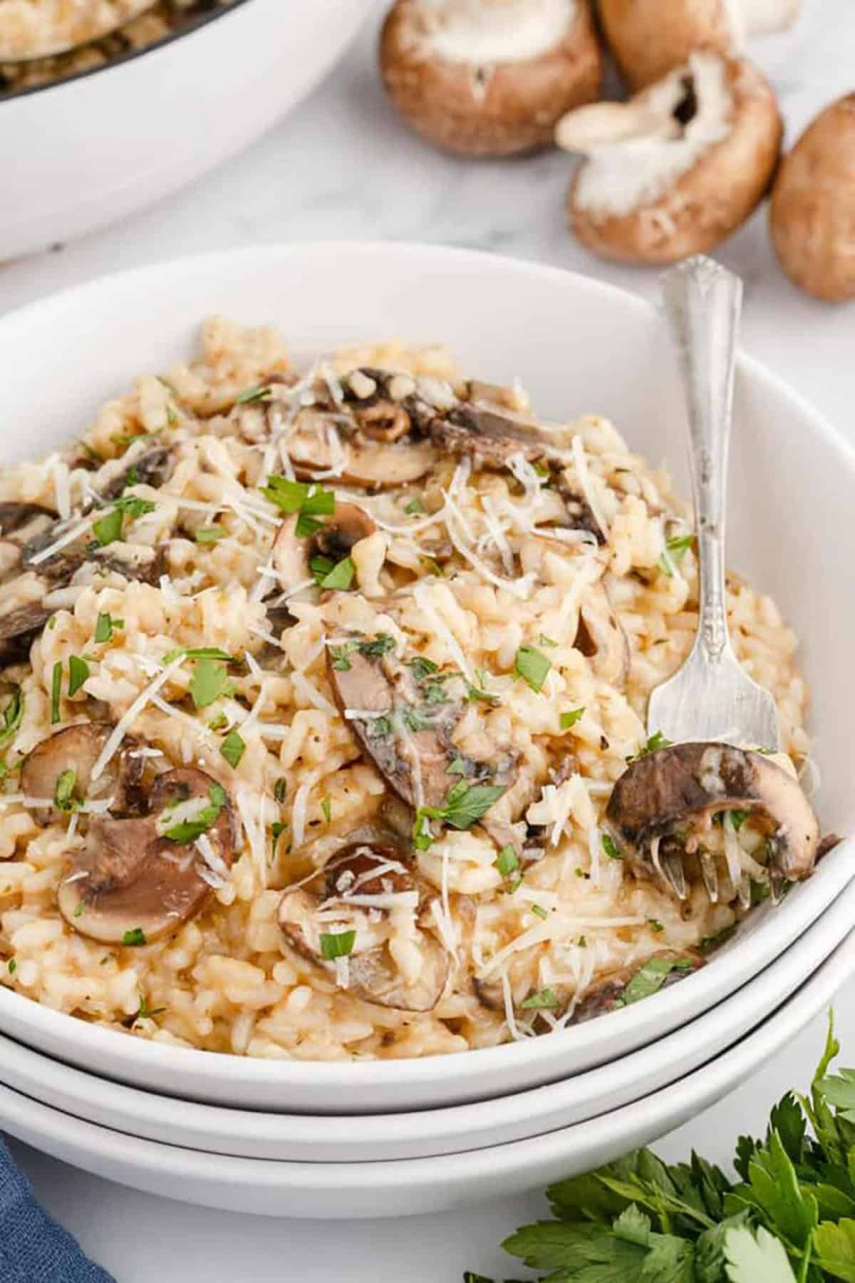A white bowl is filled with mushroom risotto.