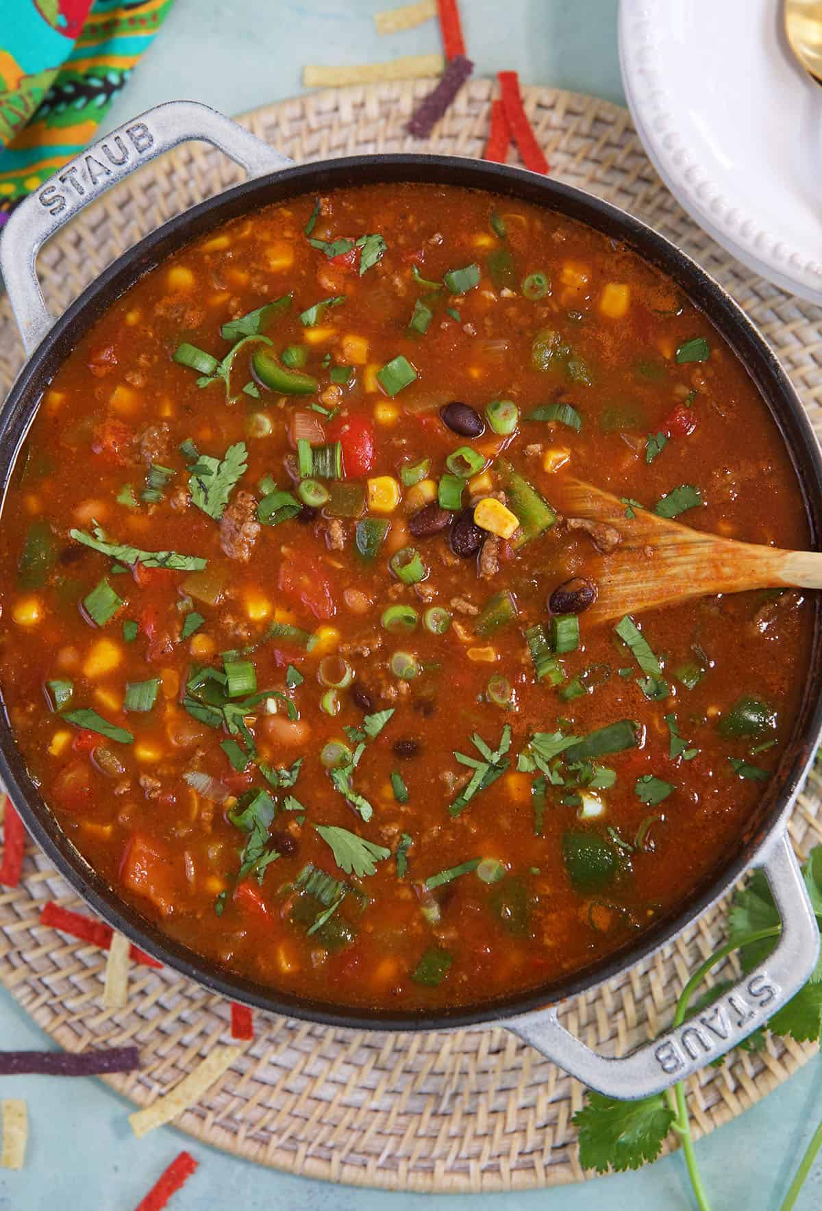 A large pot is filled with taco soup.