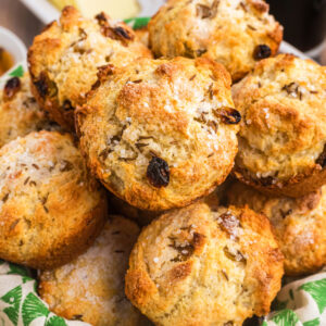 Irish Soda Bread Muffins in a basket with a green and white linen