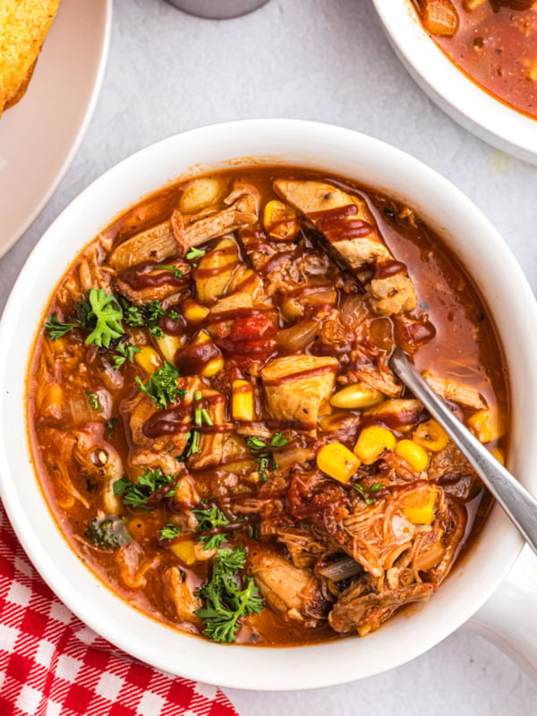 A white bowl filled with brunswick stew is placed next to a checkered tea towel.