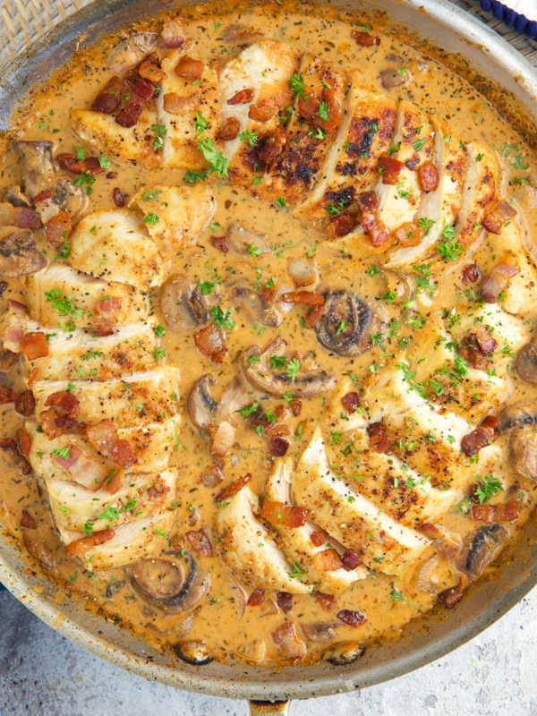 Several sliced chicken breasts are covered with gravy and placed in a skillet.