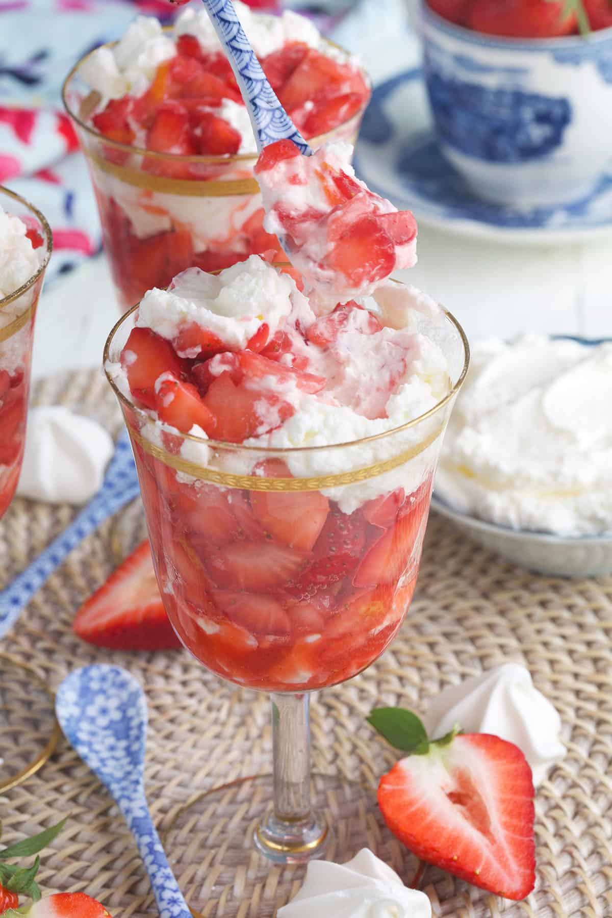 Eton mess is presented in a glass. 