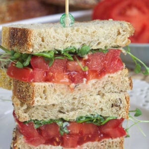 A tomato sandwich has been cut in half and stacked.