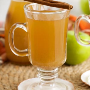 Homemade apple cider in mug with cinnamon stick
