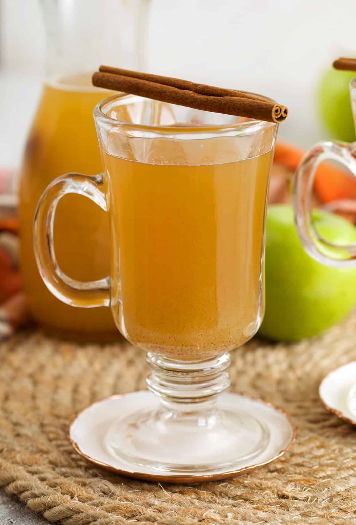 Homemade apple cider in mug with cinnamon stick