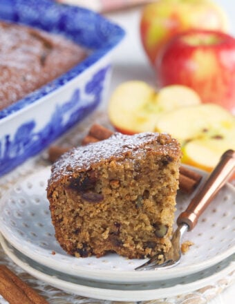 A single slice of applesauce cake is on a white plate.