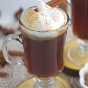 Whipped cream and a cinnamon stick garnish a glass mug of hot buttered rum.