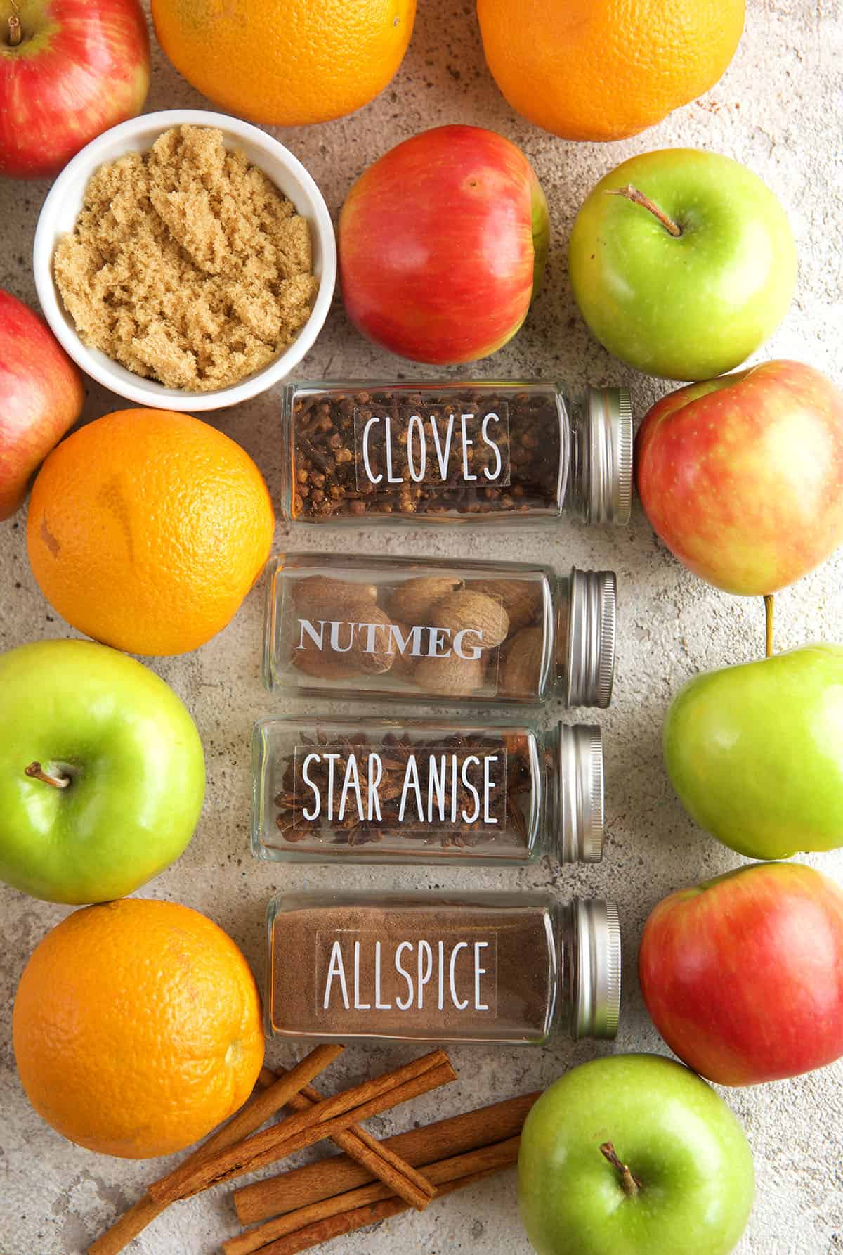 Overhead view of ingredients for homemade apple cider