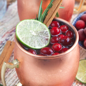A garnished cranberry moscow mule is presented in a copper mug.