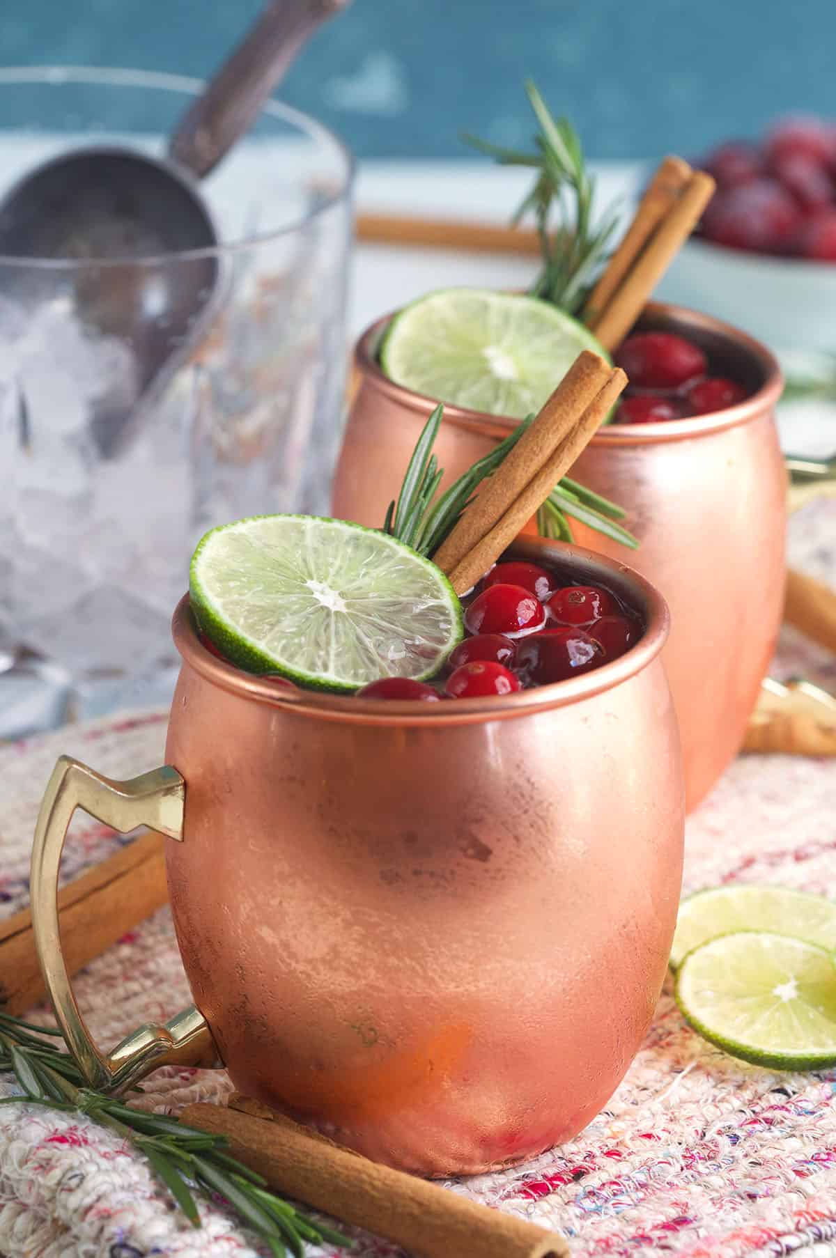 Two glasses of cranberry moscow mules are garnished with limes, cinnamon sticks and cranberries. 