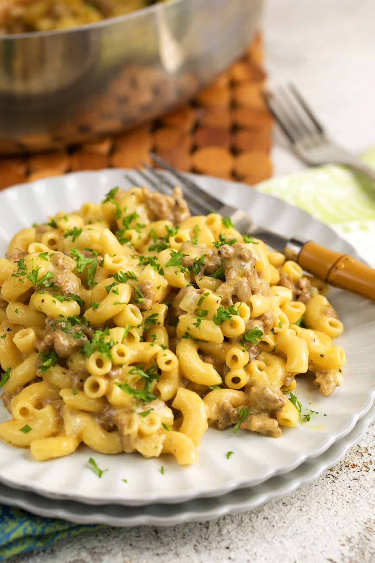 Homemade hamburger helper cheeseburger macaroni on plate