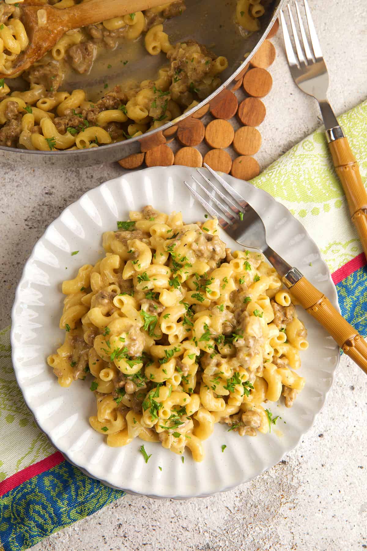 Overhead view of hamburger helper cheeseburger macaroni on plate