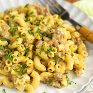 Homemade hamburger helper cheeseburger macaroni on plate