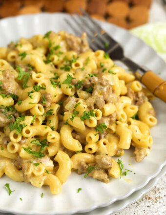 Homemade hamburger helper cheeseburger macaroni on plate