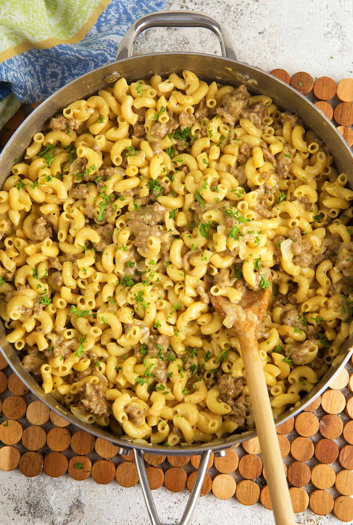 Overhead view of hamburger helper cheeseburger macaroni in skillet