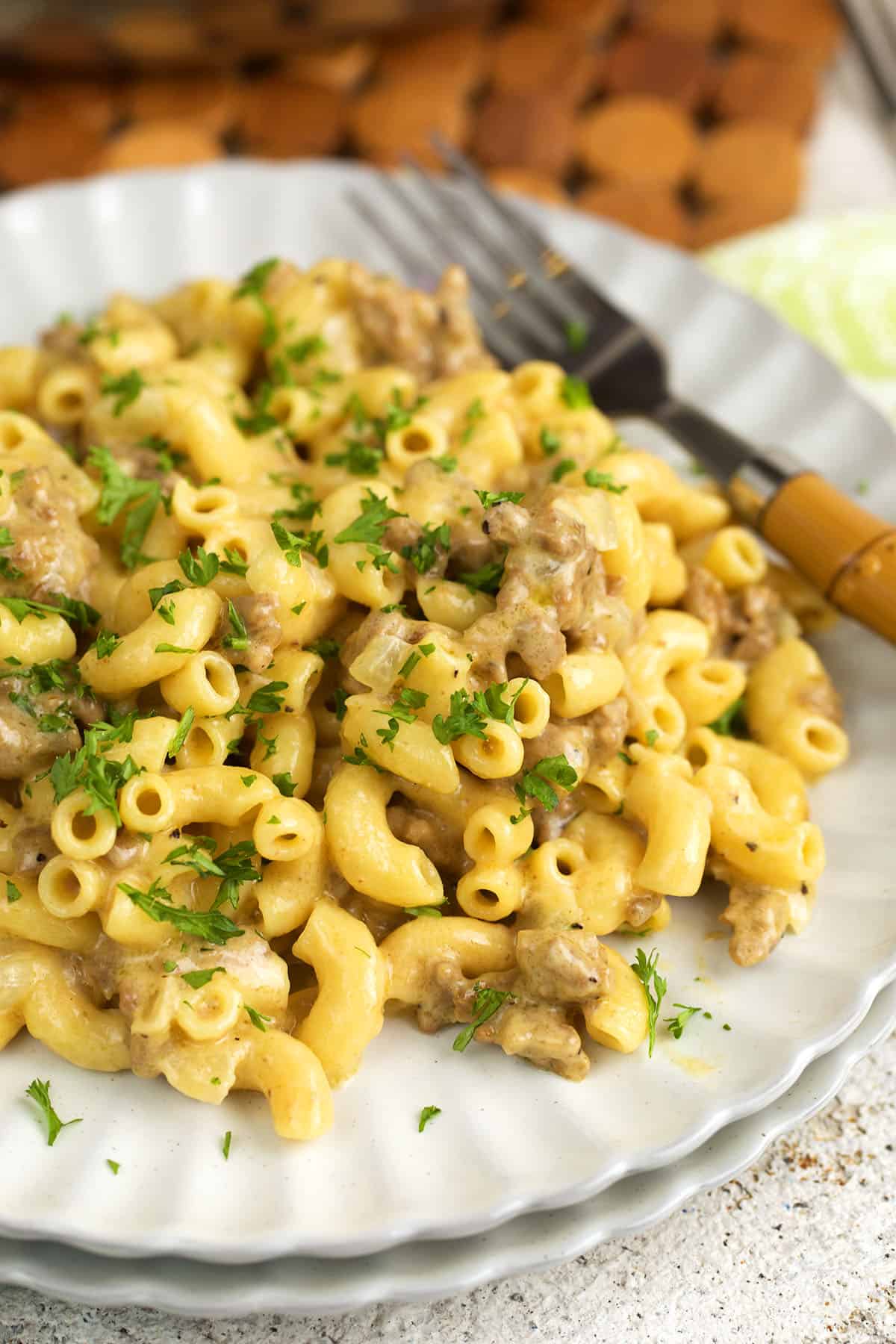 Homemade hamburger helper cheeseburger macaroni on plate