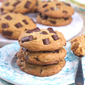 Cookies are stacked in a small pile on a round plate.
