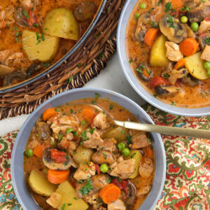 Two bowls of chicken stew are placed next to a pot.