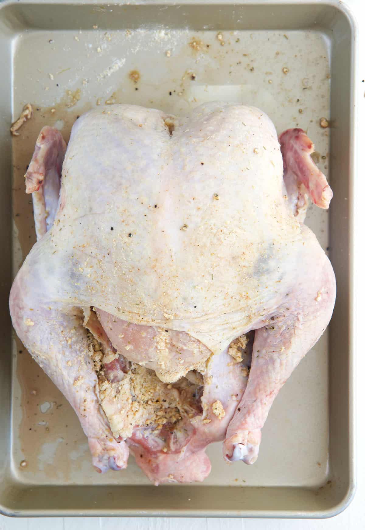 A raw turkey with brine is placed on a baking sheet. 