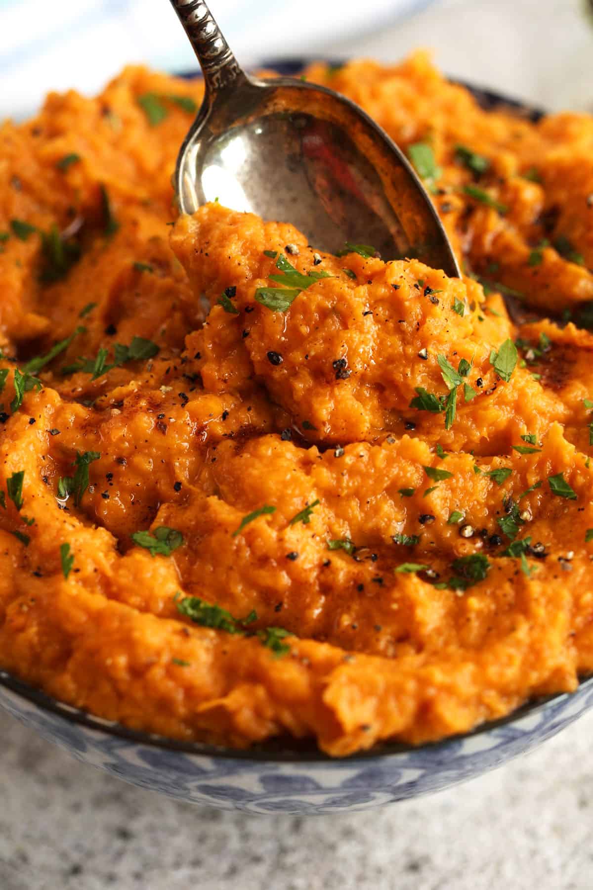 Bowl of savory mashed sweet potatoes