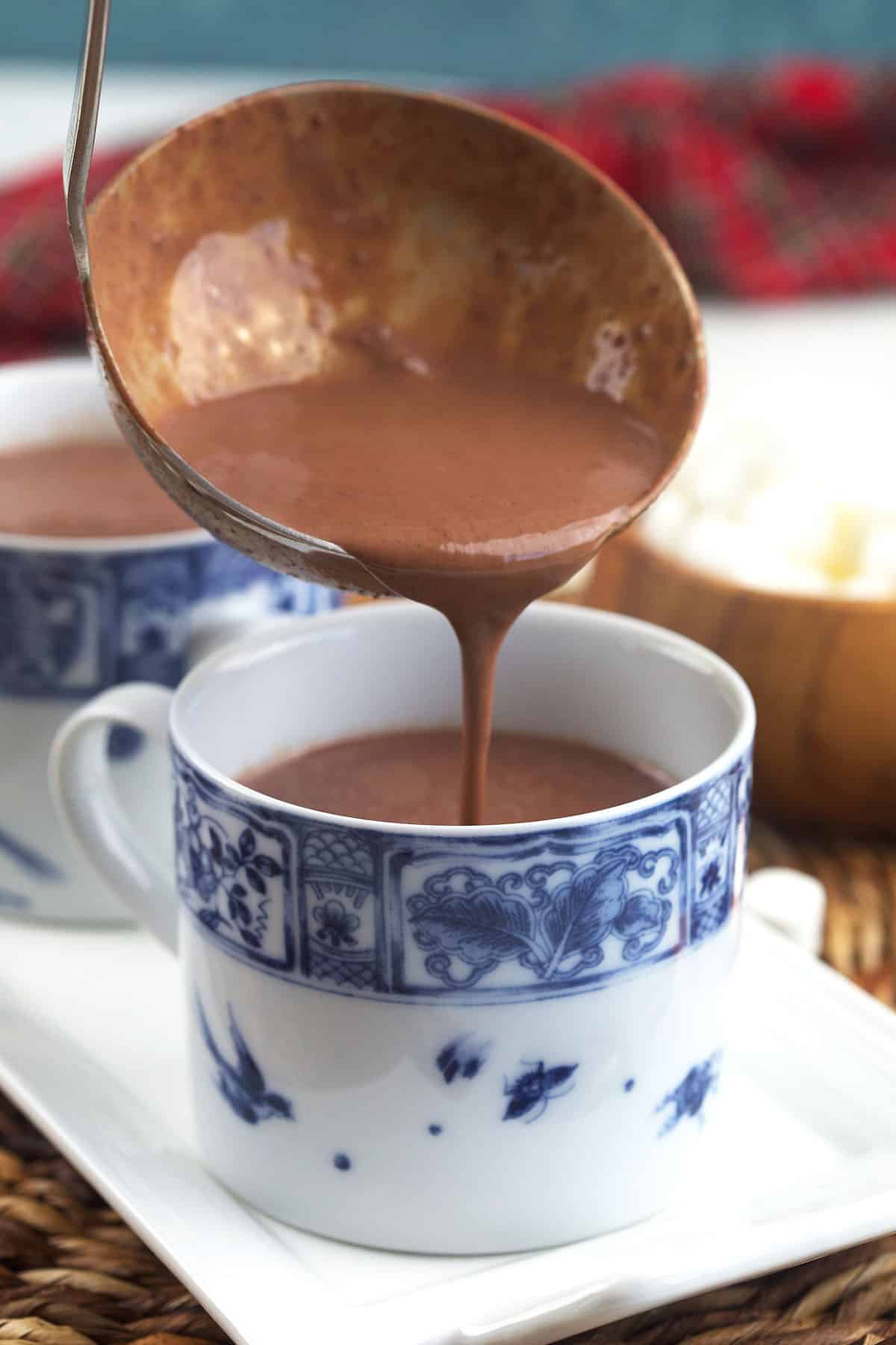 A ladle is pouring hot cocoa into a single mug. 