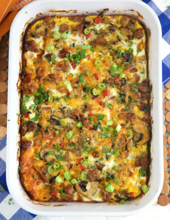 A casserole dish is filled with baked breakfast casserole.