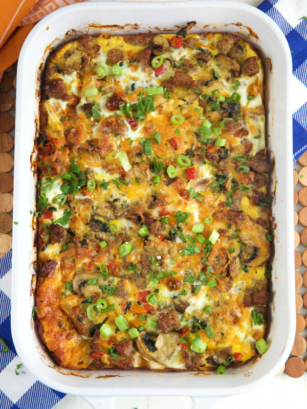 A casserole dish is filled with baked breakfast casserole.