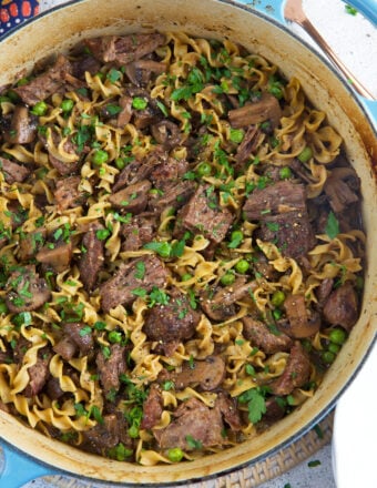 A large pot is filled with beef and noodles.