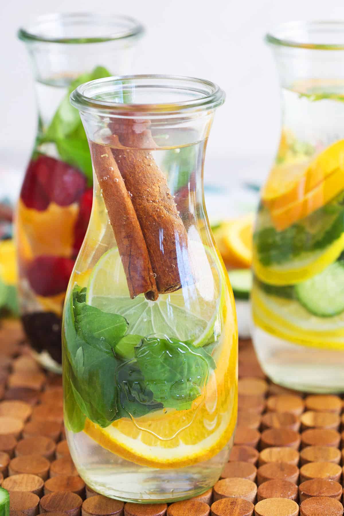 infused water with cinnamon sticks, citrus and mint.