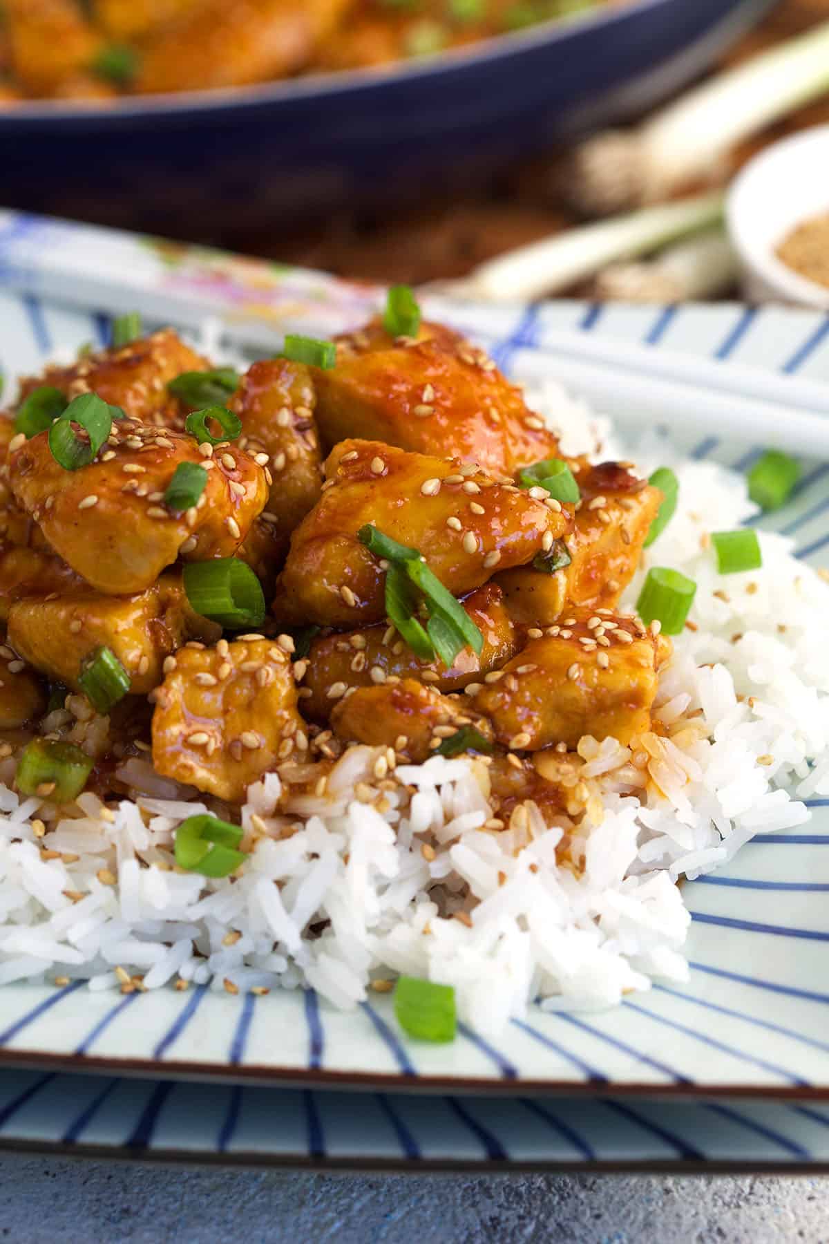 White rice is topped with sesame chicken and green onions. 
