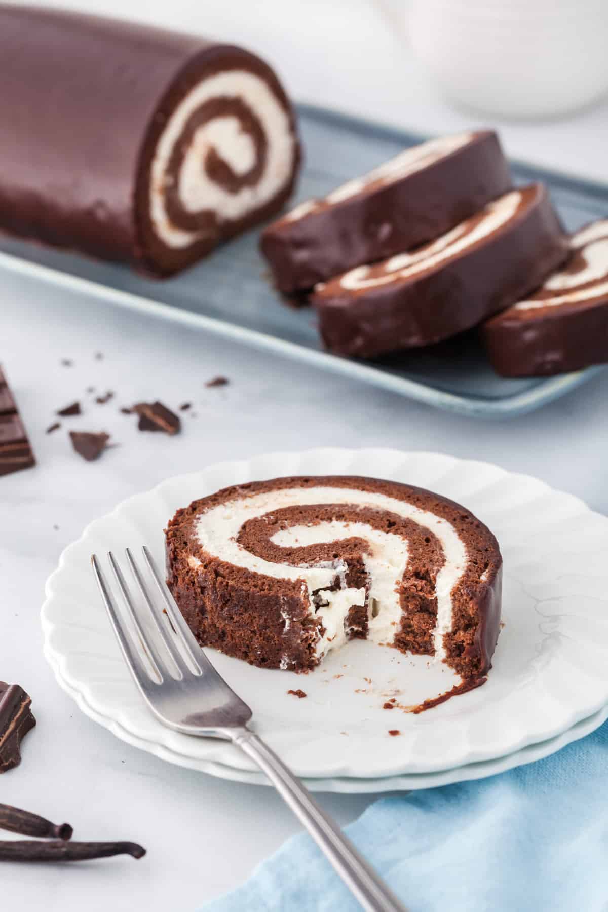 A fork is placed on a plate with a slice of swiss roll cake. 