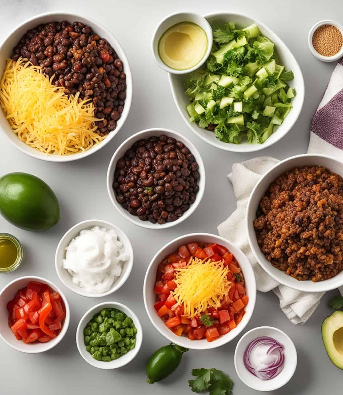 Ingredients for Taco Casserole in white bowls.